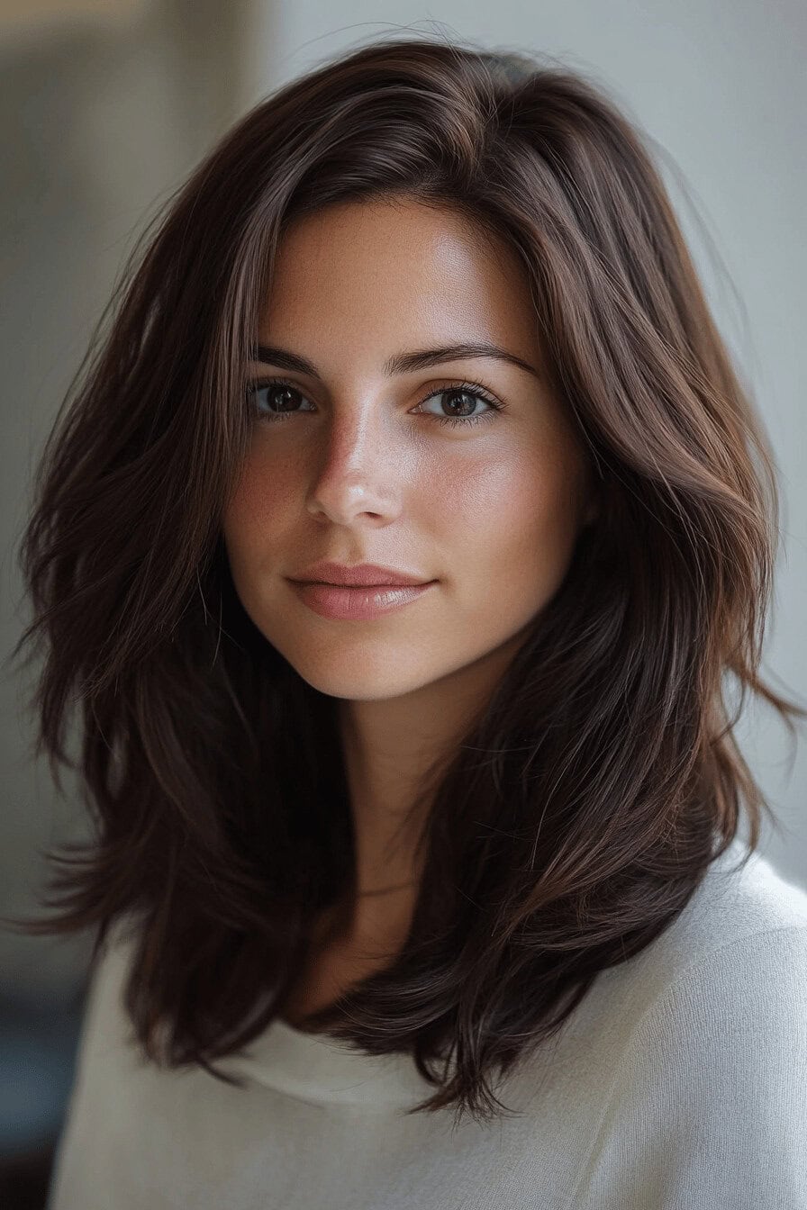 Frau mit schokobraunem Long Bob und Balayage