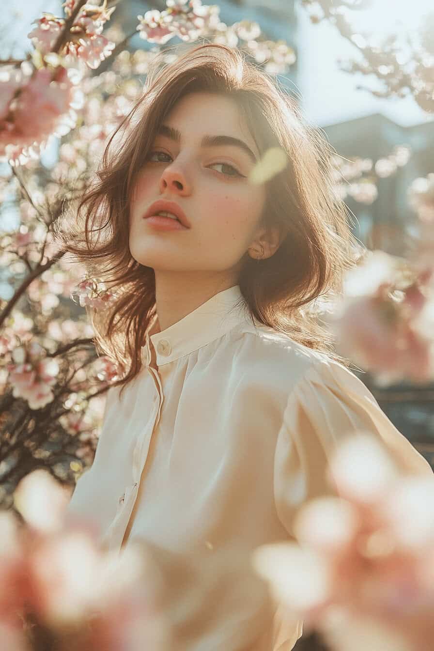 Frau in einer eleganten weißen Seidenbluse umgeben von Blüten im Frühling.