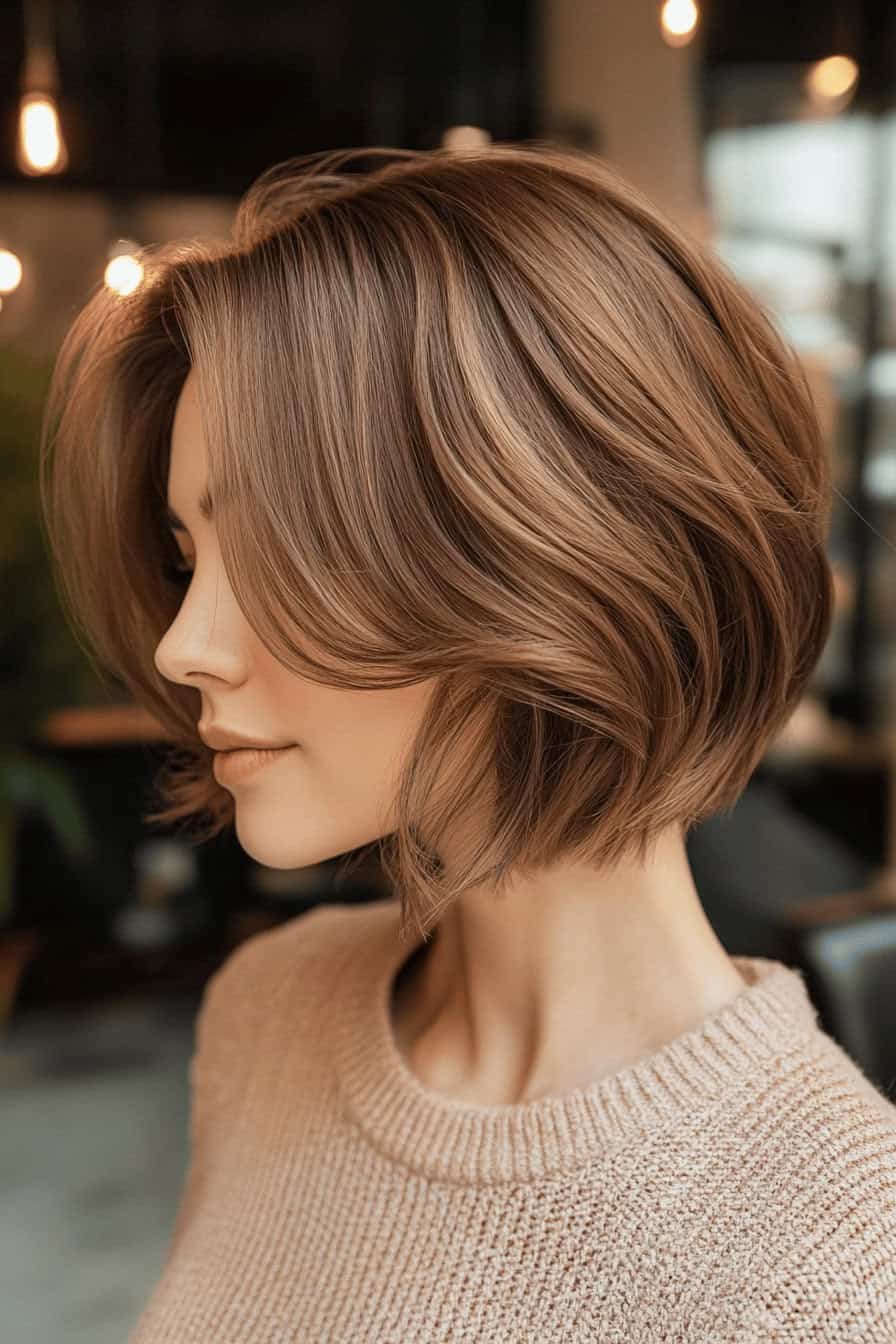 Frau mit einem seitlich gescheitelten Bob, perfekt gestylt für dünnes Haar.