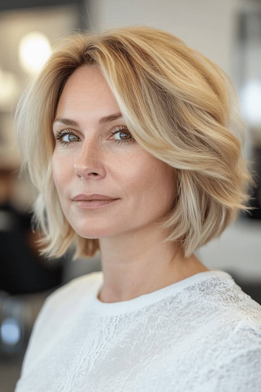 Frau mit blonder, lockerer Bob-Frisur in einem weißen Oberteil.