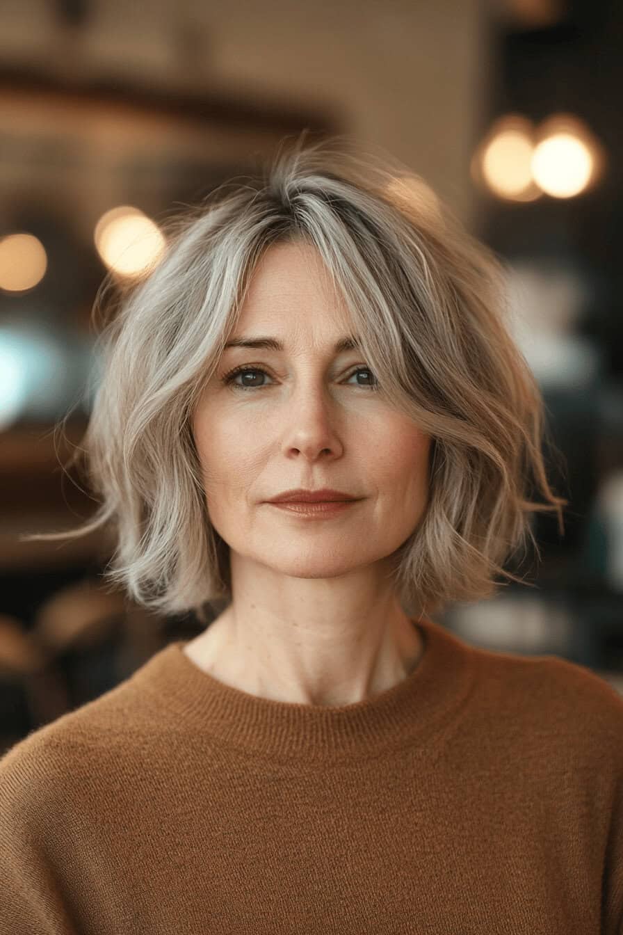 Frau mit stilvollem Shaggy Bob und grauem Haar.