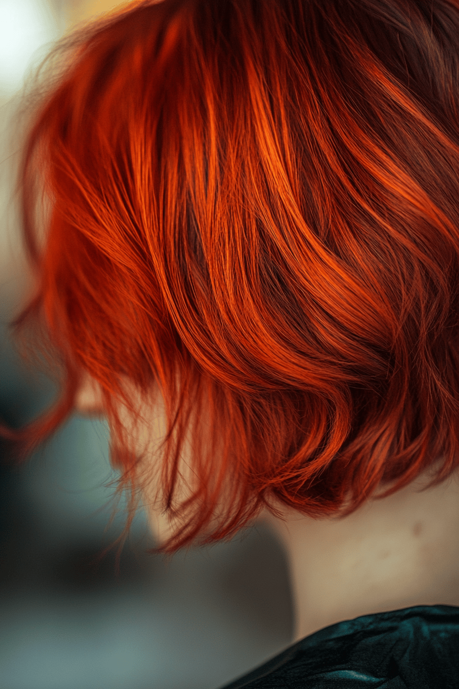 Roter Shaggy Bob mit leuchtenden, scharlachroten Strähnen.