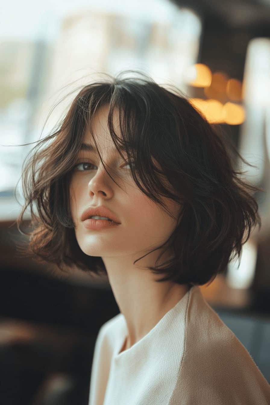 Frau mit einem shaggy Bob Haarschnitt, ideal für runde Gesichter.