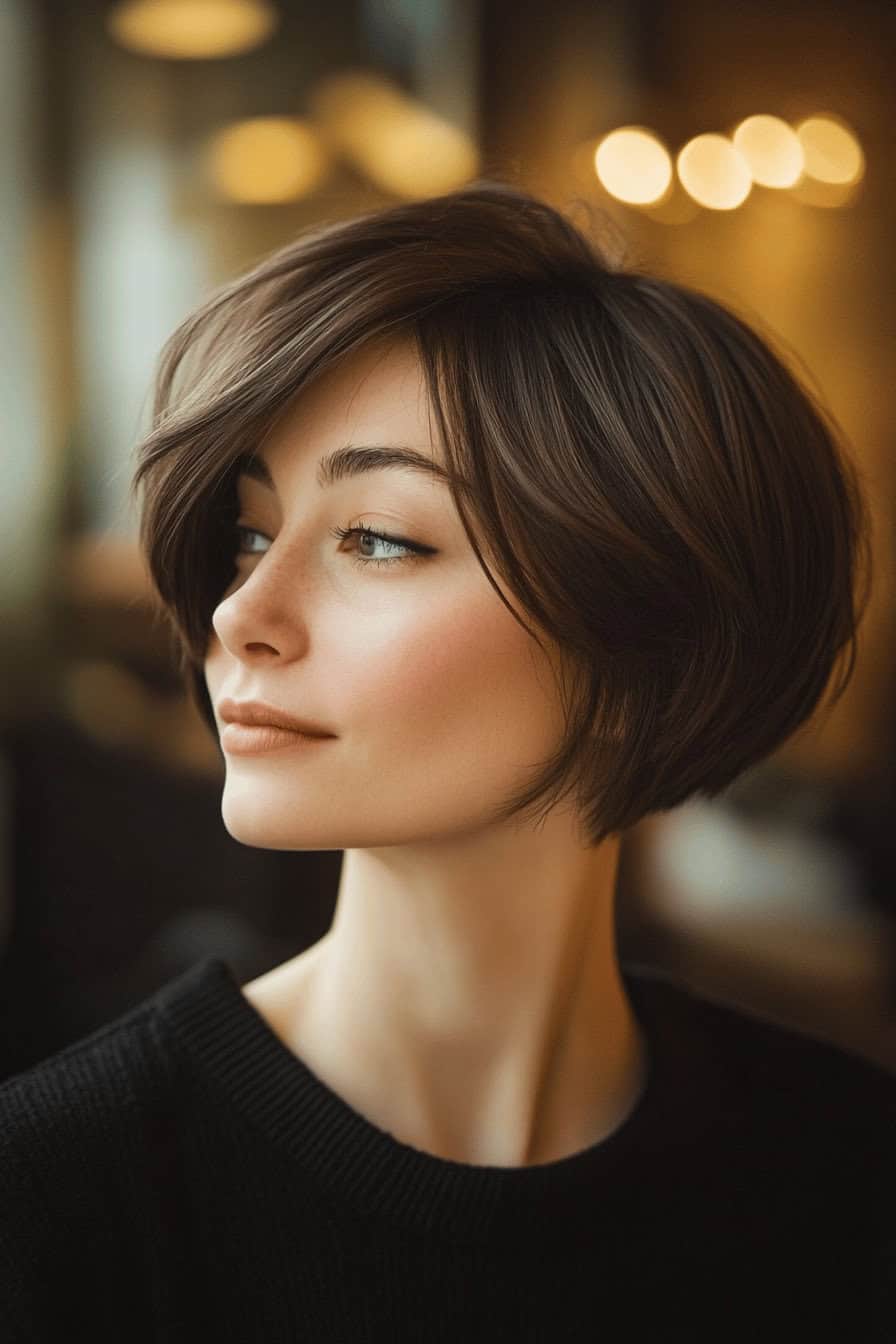 Frau mit schwarzem Pullover und einem präzise geschnittenen short Bob.