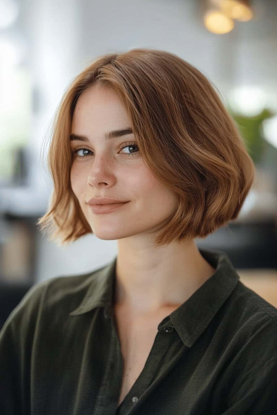 Frau mit kinnlangem, seitlich gescheiteltem Bob in einem modernen Raum.