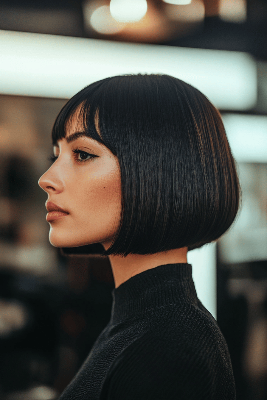 Profil einer Frau mit einem eleganten, kurzen Bob und akzentuierter Nackenlinie.