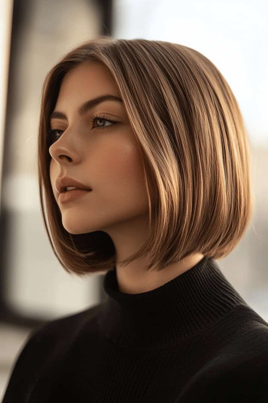 Frau mit sleekem, glattem, blonden Bob in Nahaufnahme.