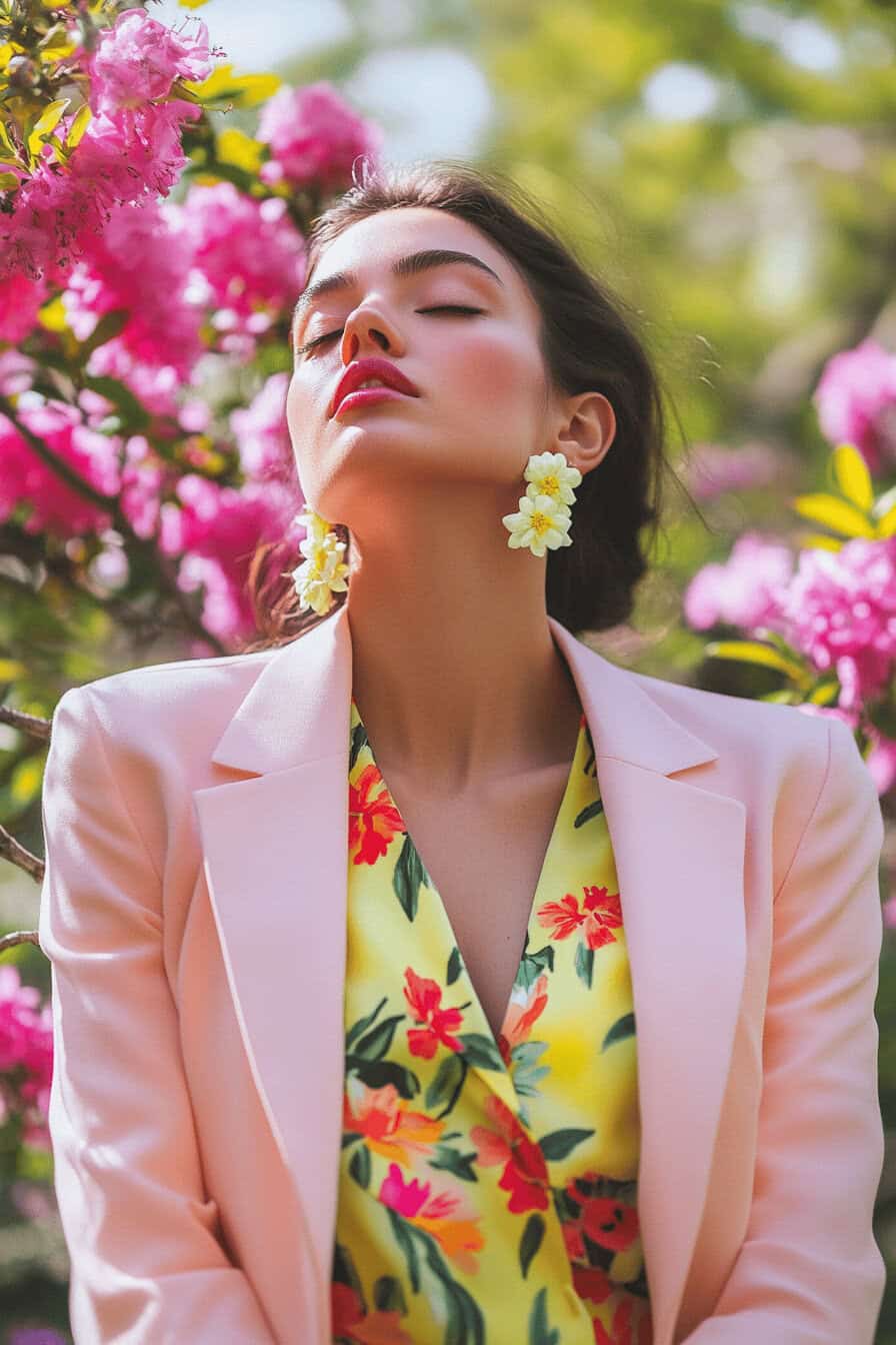 Frau mit floralen Statement-Ohrringen und einem pastellfarbenen Blazer vor blühenden Bäumen.