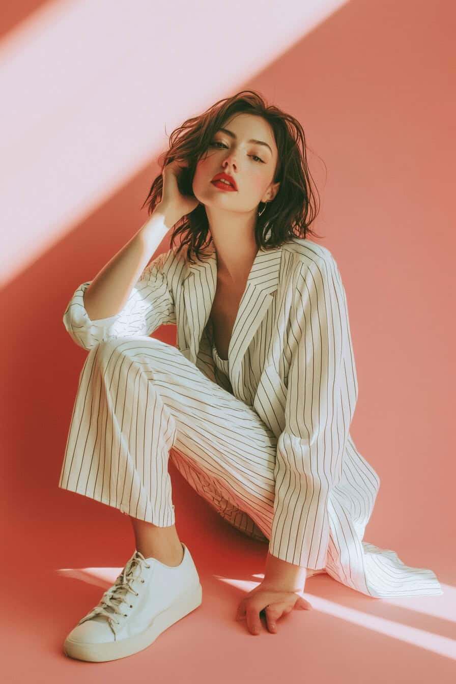 Frau in gestreiftem Anzug vor rosa Hintergrund.