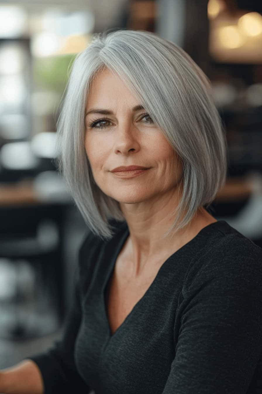 Frau mit grauem, gestuften Bob in einem Café.