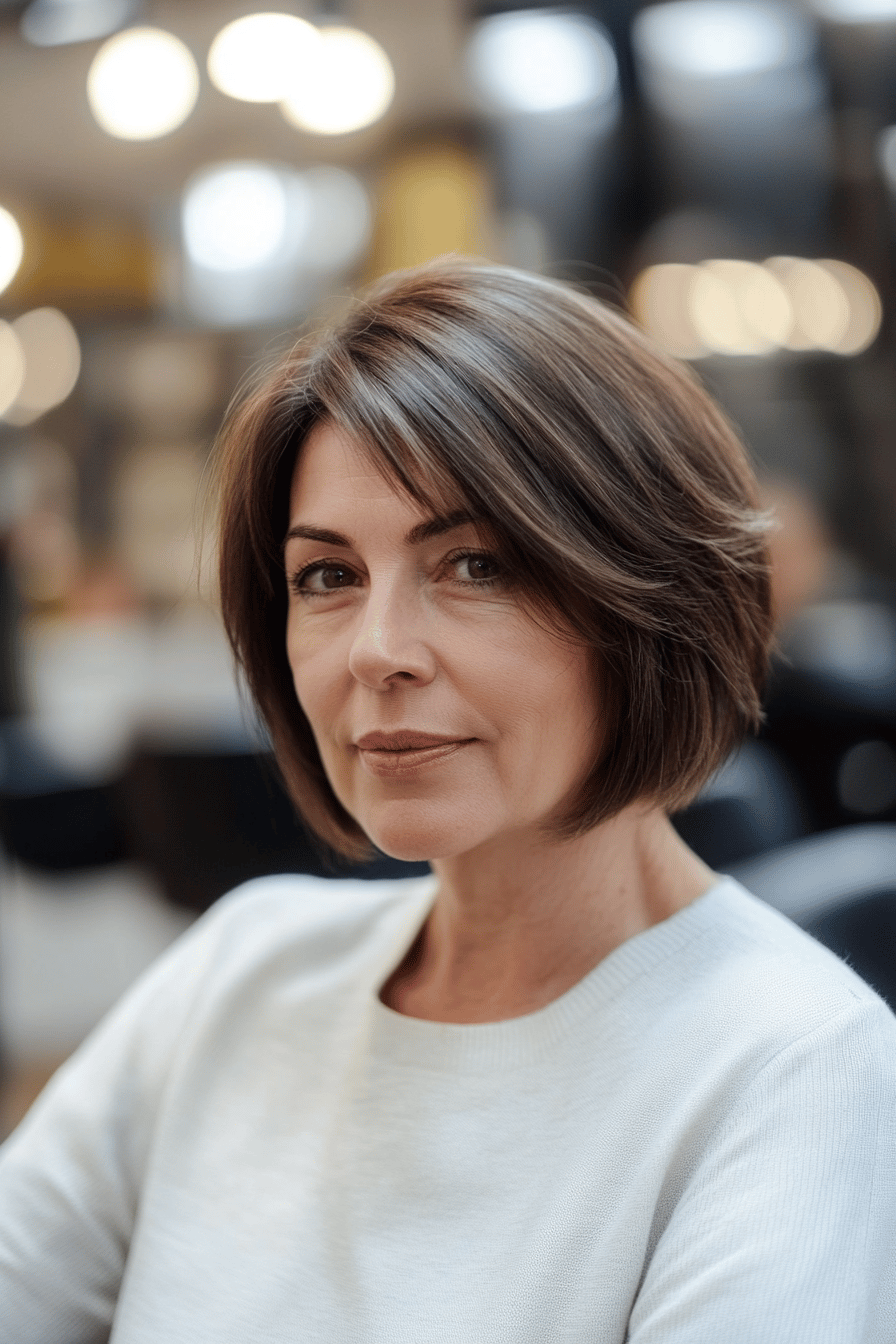 Frau mit stilvollem, stufigem Bob in einem Friseursalon.