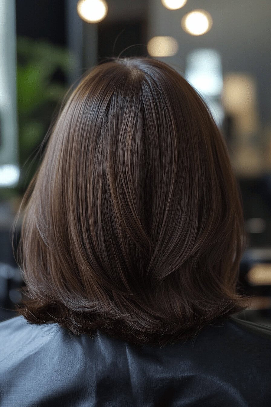 Von hinten gezeigte gestufte Bobfrisur mittlerer Länge.