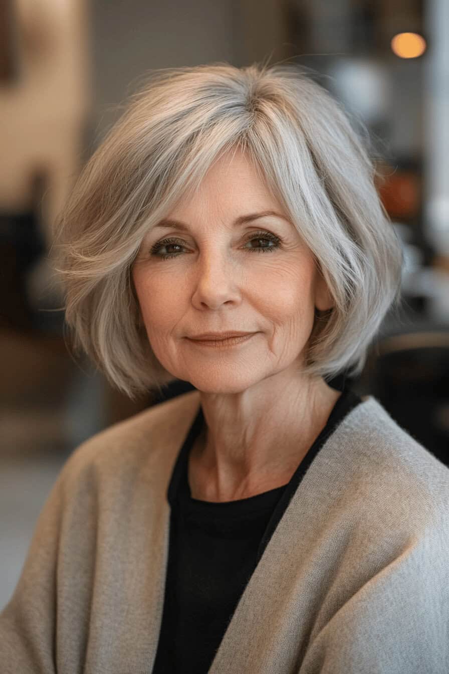 Ältere Frau mit einem stufigen Bob und grauem Haar.