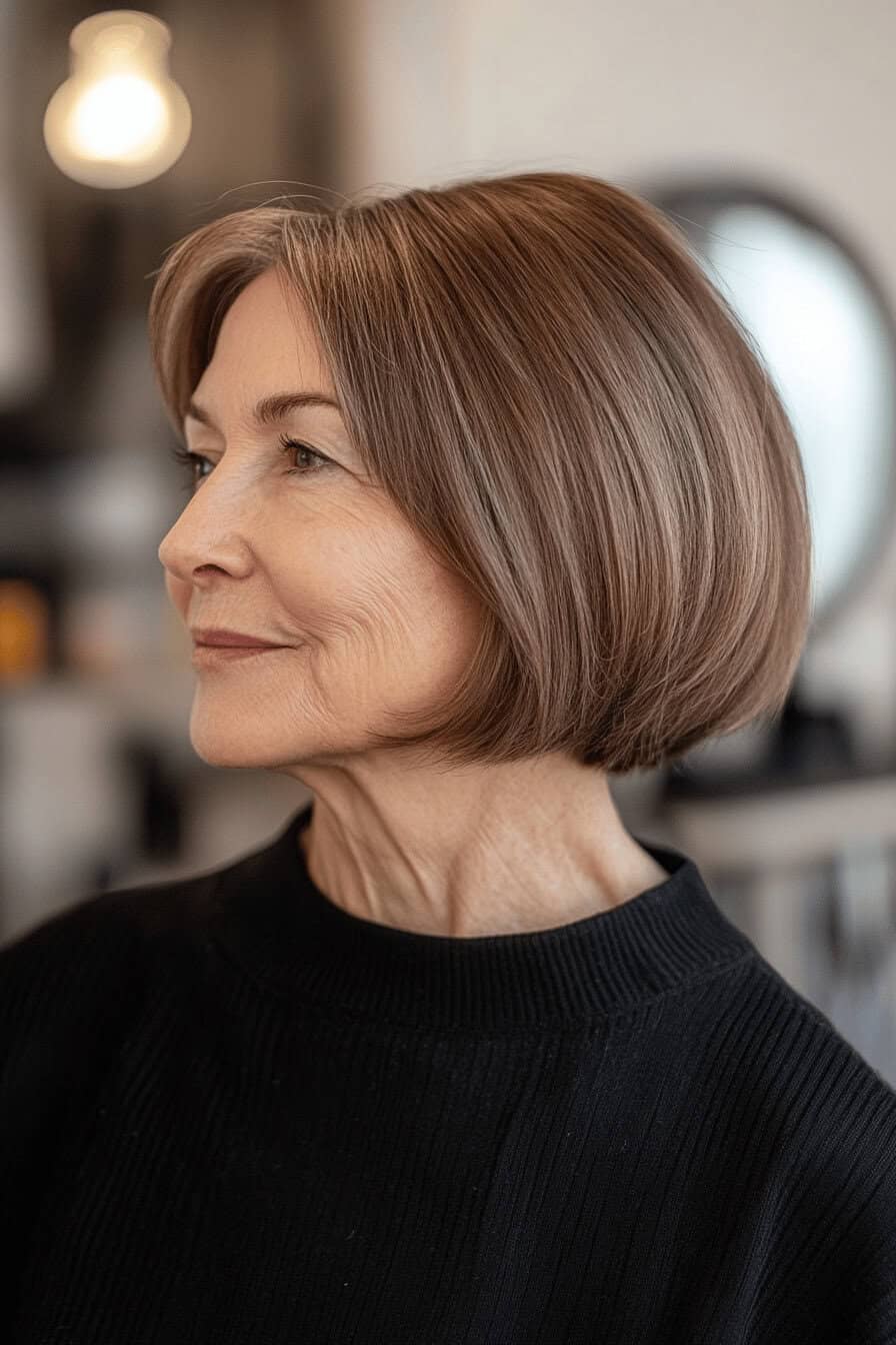 Ältere Frau mit stilvollem, stumpf geschnittenem Bob.