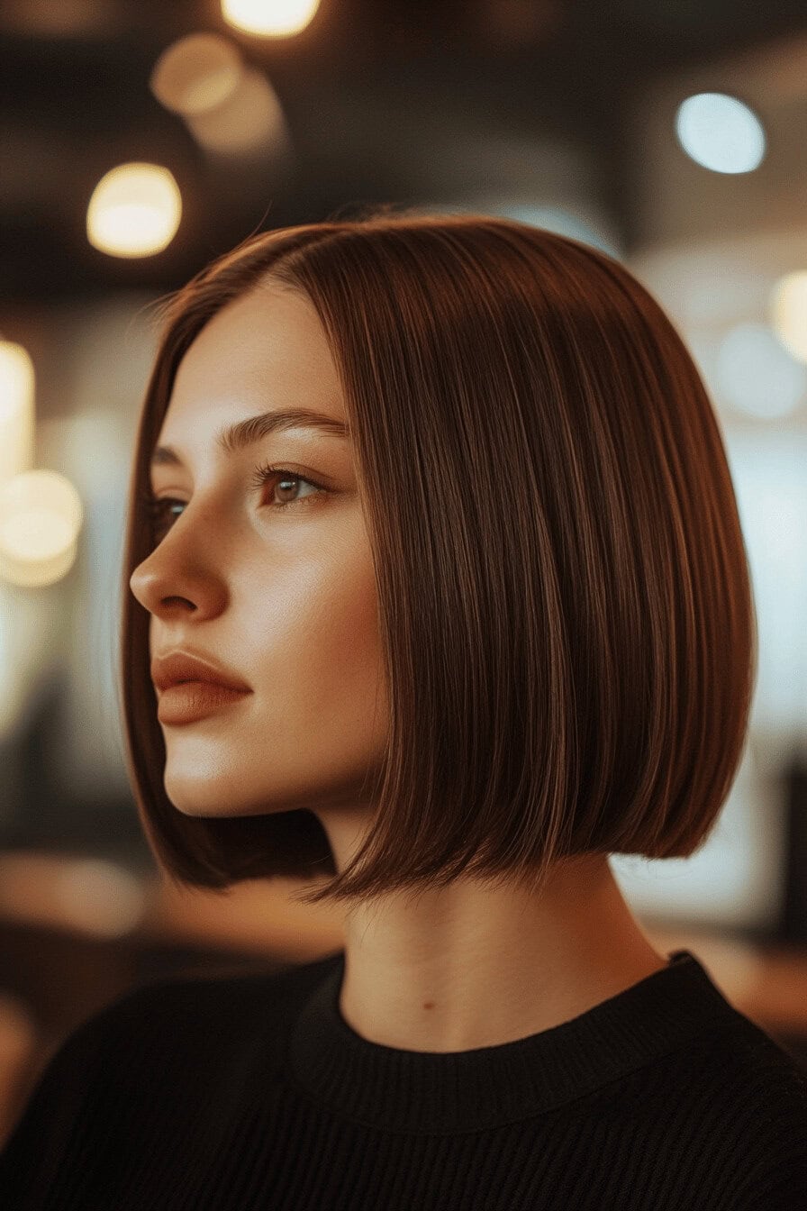 Eine Frau mit glattem, braunem Bob-Haarschnitt in einem Innenraum.
