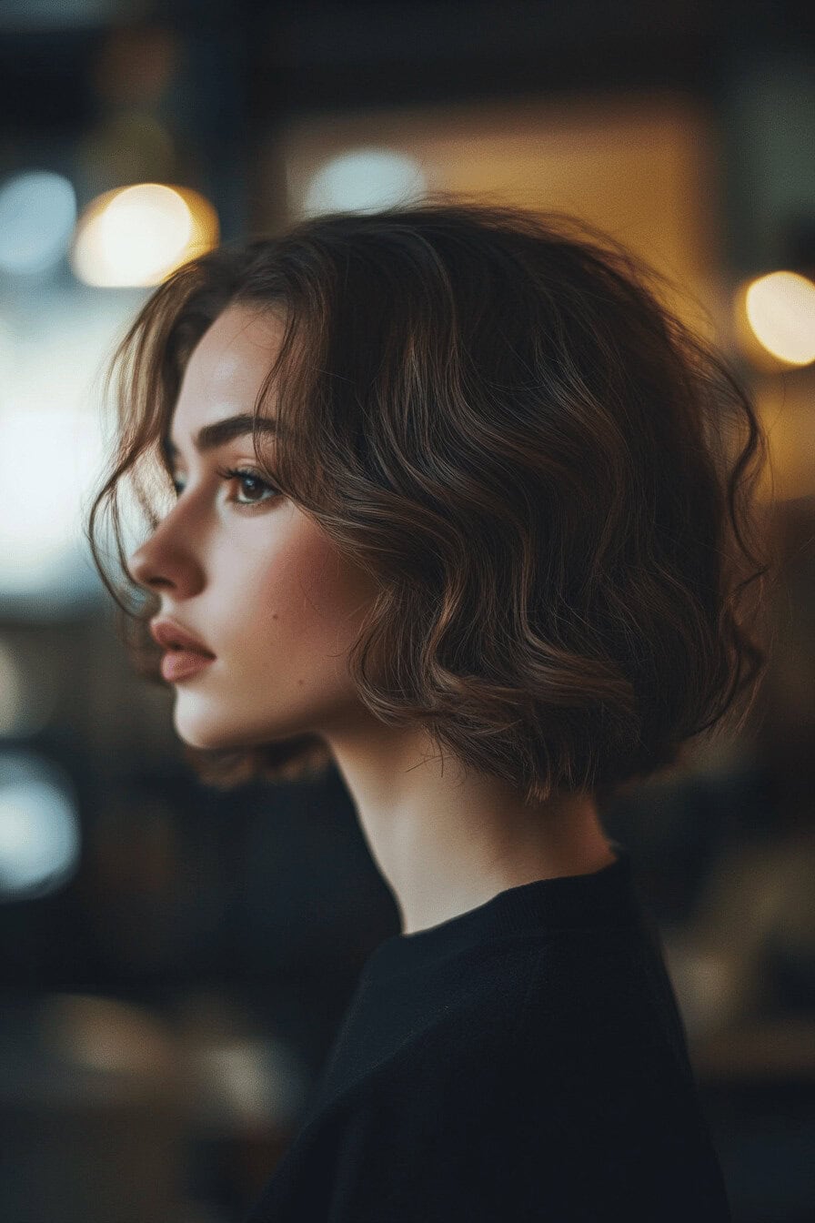 Frau mit einem mittellangen, texturierten Bob im Profil