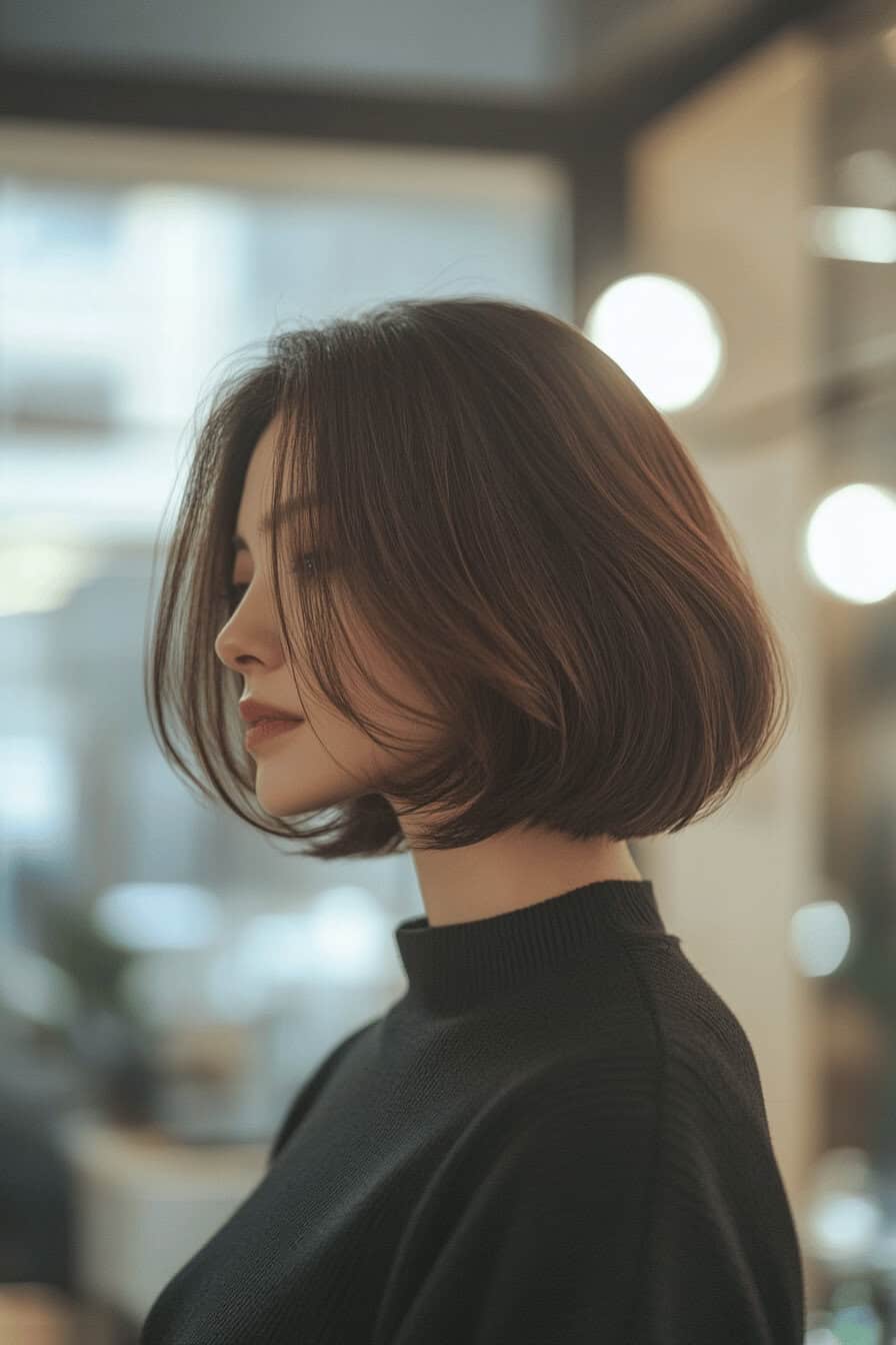 Eine Frau mit einem texturierten Bob und rundem Gesicht im Profil.