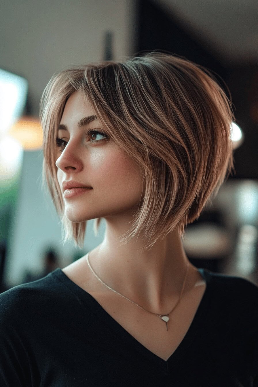 Frau mit umgekehrtem Bob in natürlichem Licht.