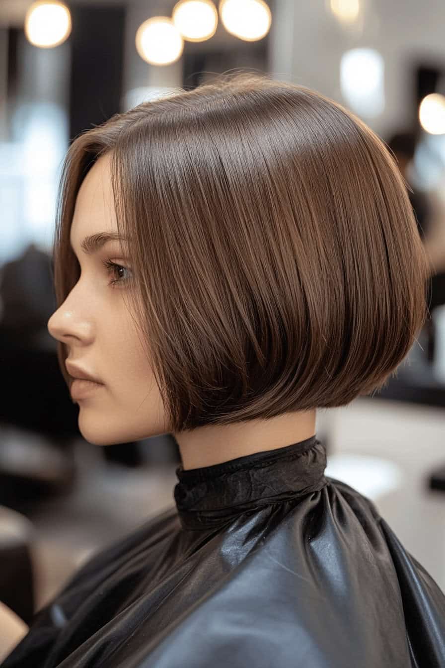 Person mit umgekehrtem Bob-Haarschnitt in einem Friseursalon.