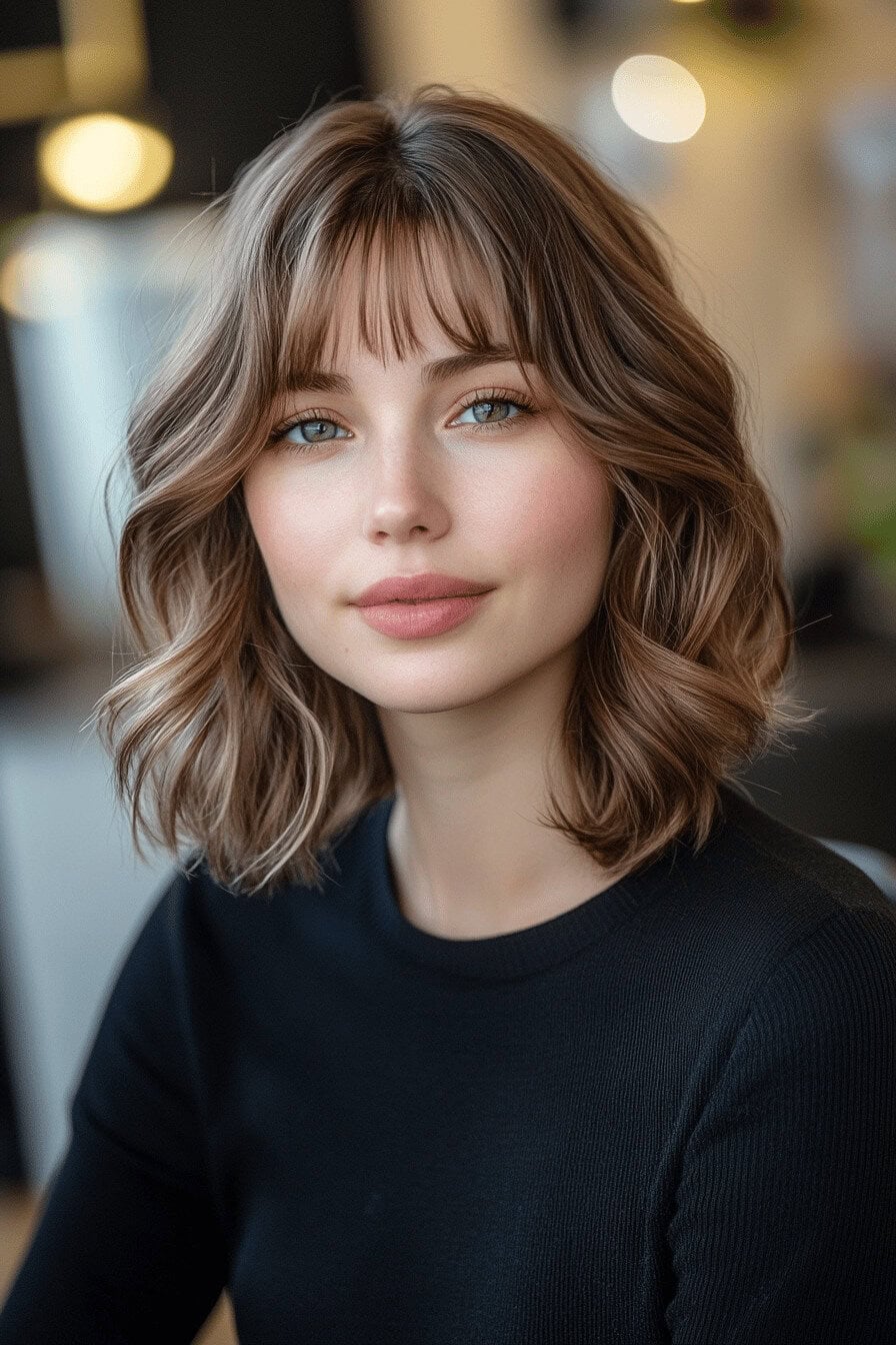 Eine Frau mit einem welligen Long Bob und Pony, in einem modernen Setting.