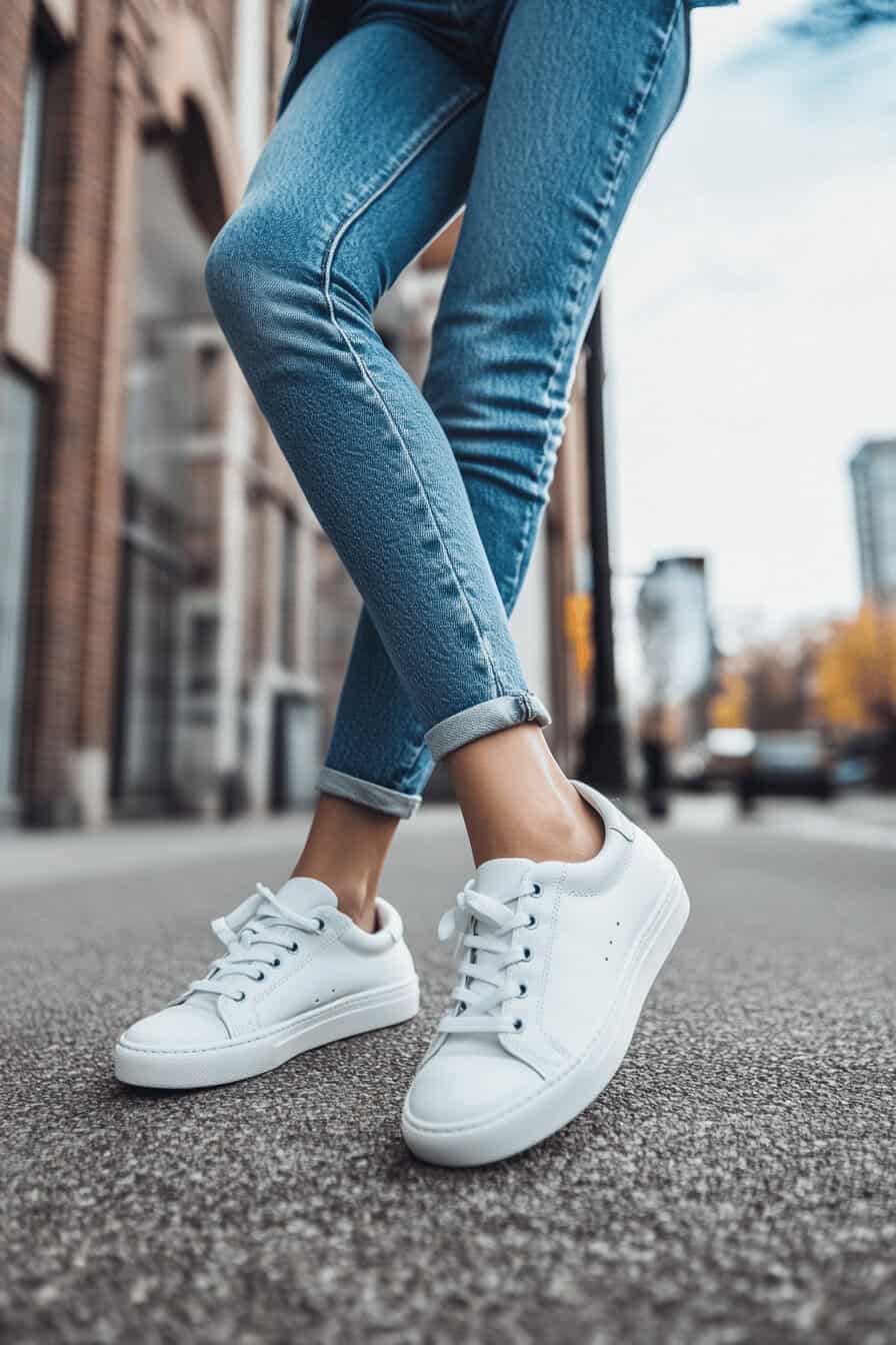 Frau trägt weiße Sneaker und blaue Jeans auf einer Stadtstraße.