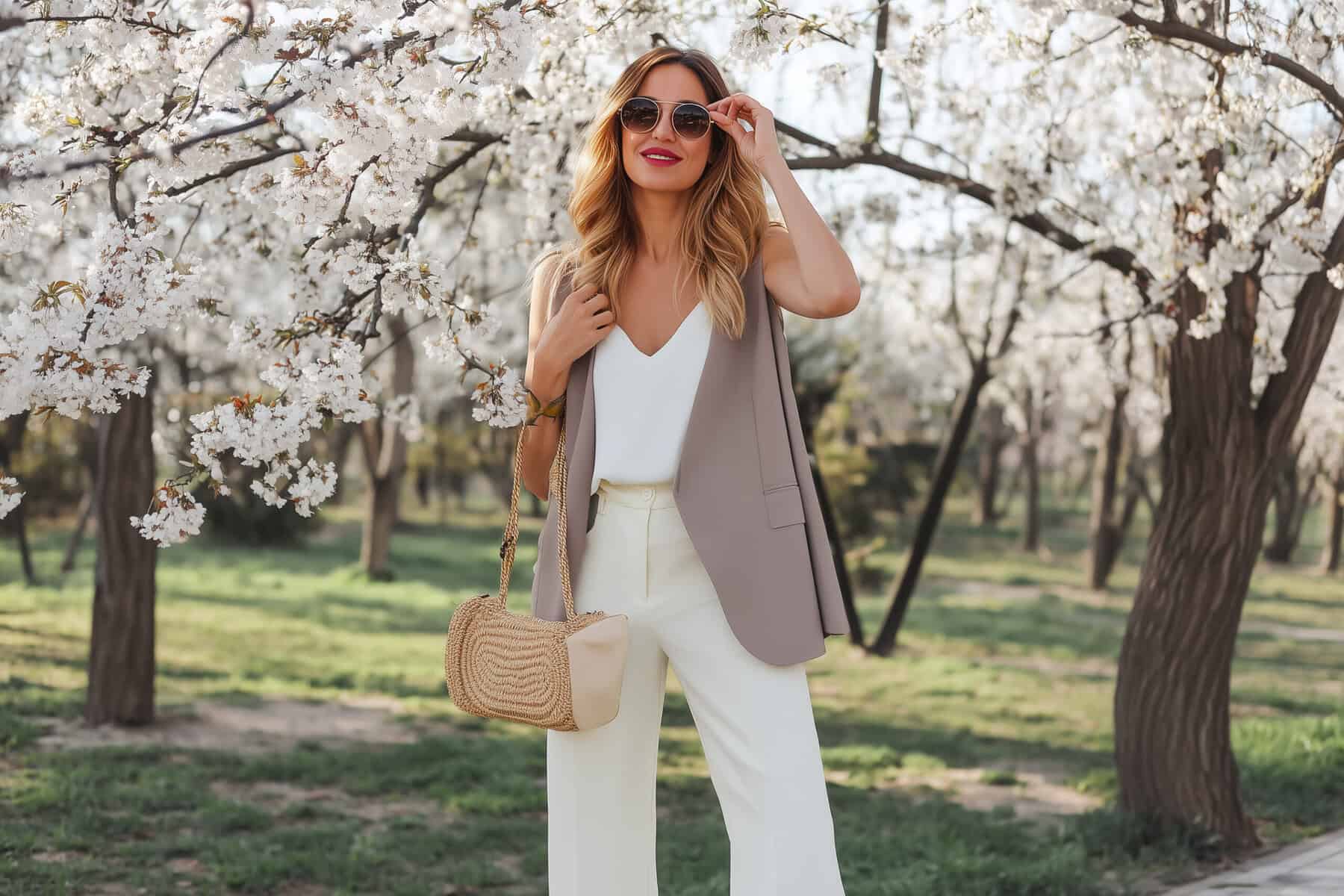 Frau in Frühlingsgarten mit blühenden Kirschbäumen.