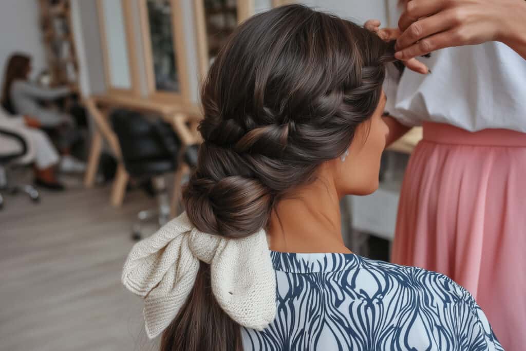 Flechtfrisur mit Schleife im Friseursalon