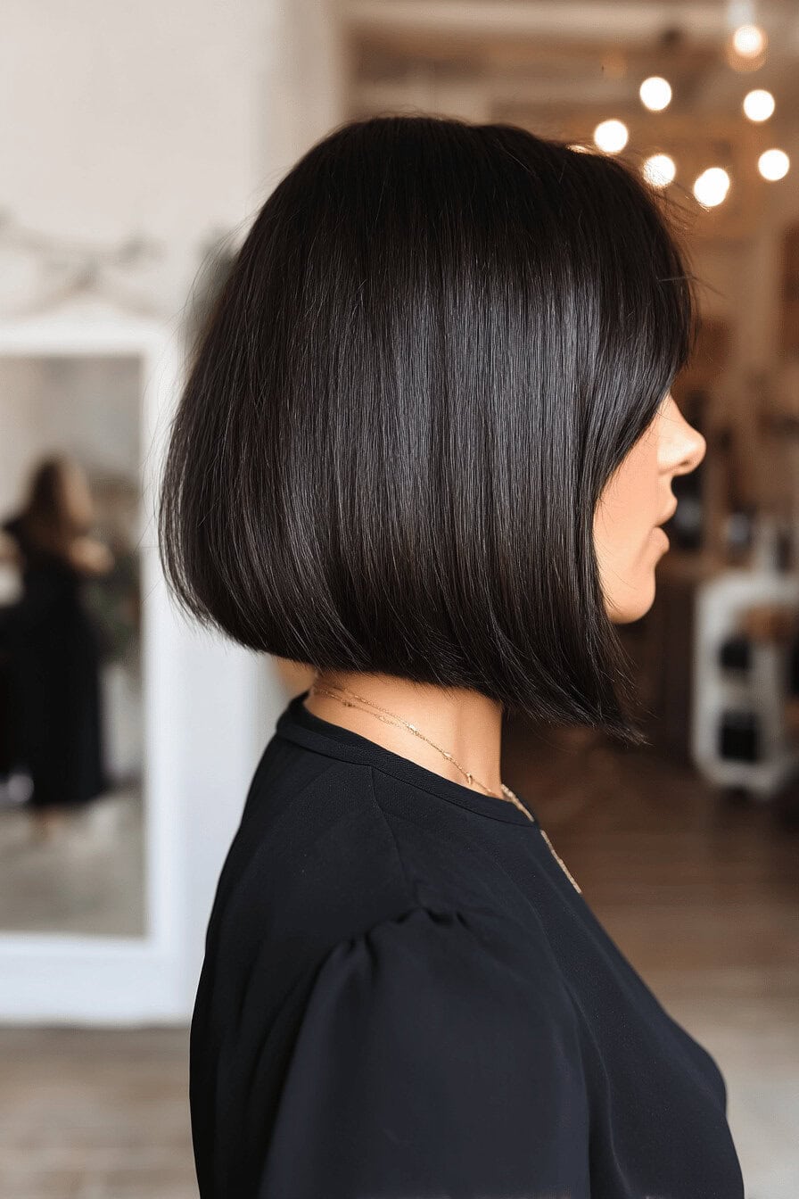 Seitenansicht einer Frau mit einem stilvollen A-Linien-Bob.