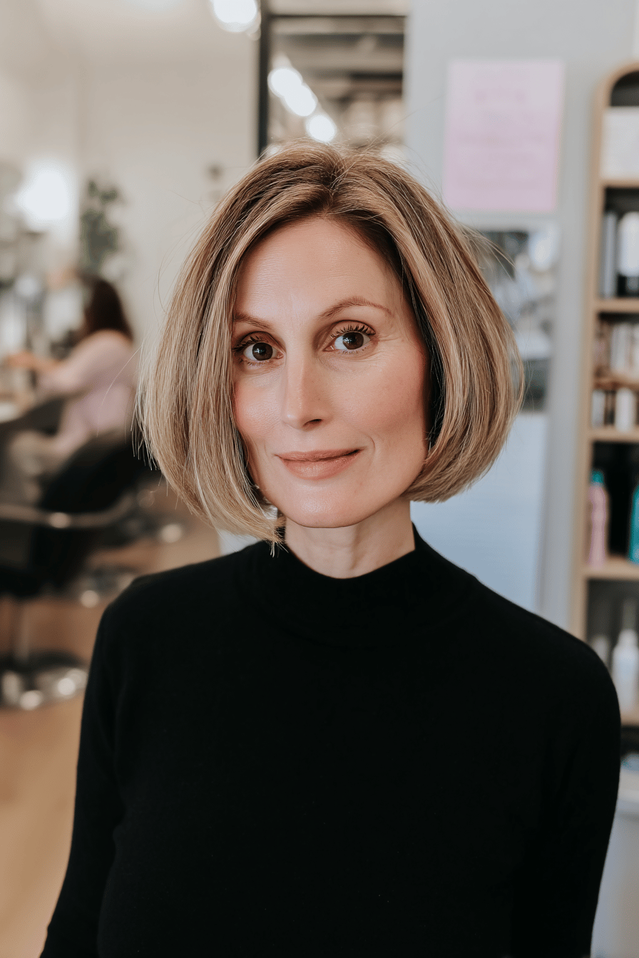 Frau mit A-Line Bob Haarschnitt, ideal für feines Haar.