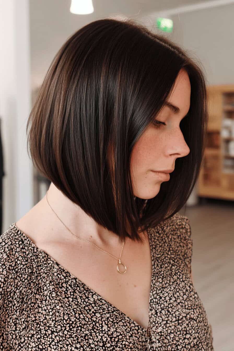 Frau mit schulterlangem, schrägem Bob-Haarschnitt