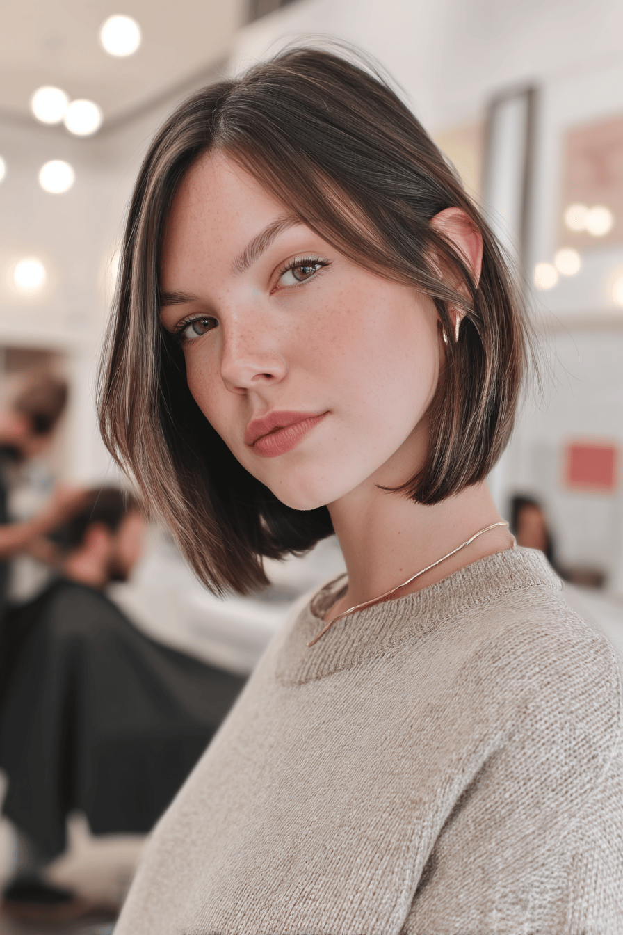 Frau mit einem geschmeidigen, schrägen Long Bob im Friseursalon.