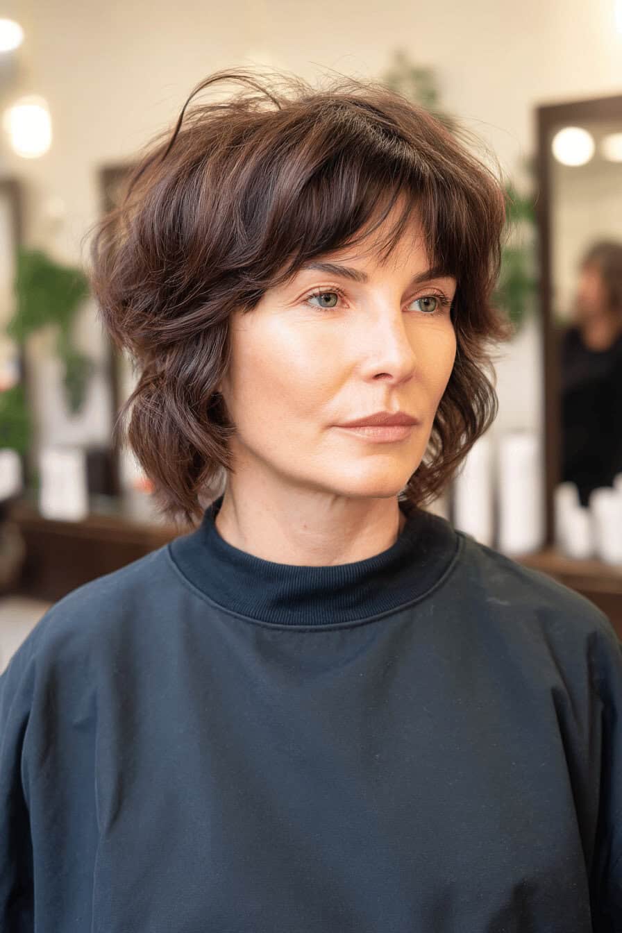 Frau mit einem asymmetrischen, mittellangen Shaggy Haarschnitt.