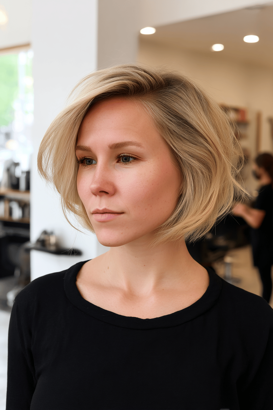 Eine Person mit blondem asymmetrischem Bob im Friseursalon.
