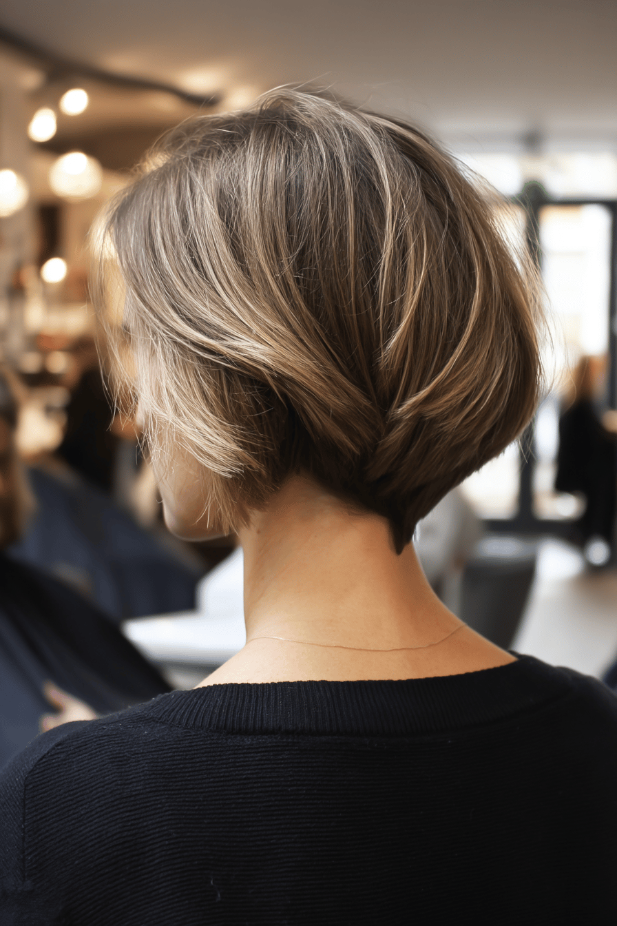 Rückansicht eines modernen asymmetrischen Bob-Haarschnitts bei einer Frau in einem Friseursalon.