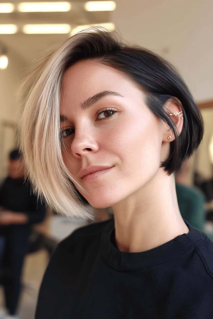 Nahaufnahme einer Person mit asymmetrischem Bob und hellen Haarsträhnen.
