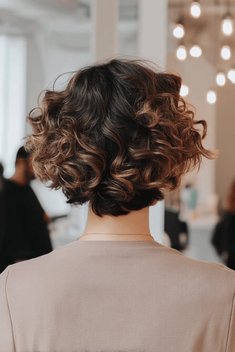 Eine Frau mit einem asymmetrischen, lockigen Bob von hinten im Friseursalon.