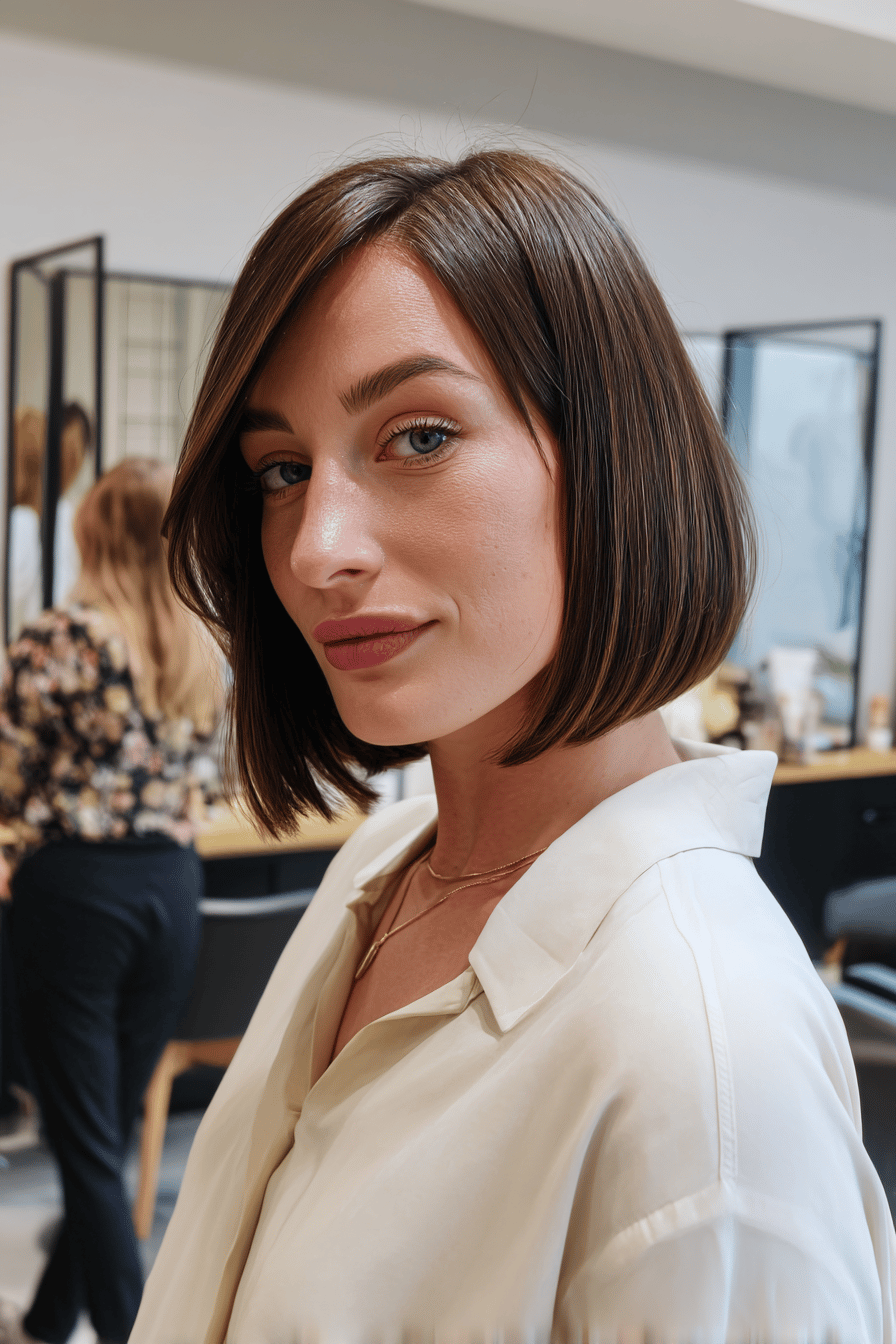 Frau mit asymmetrischem, schulterlangem Bob in einem modernen Friseursalon.