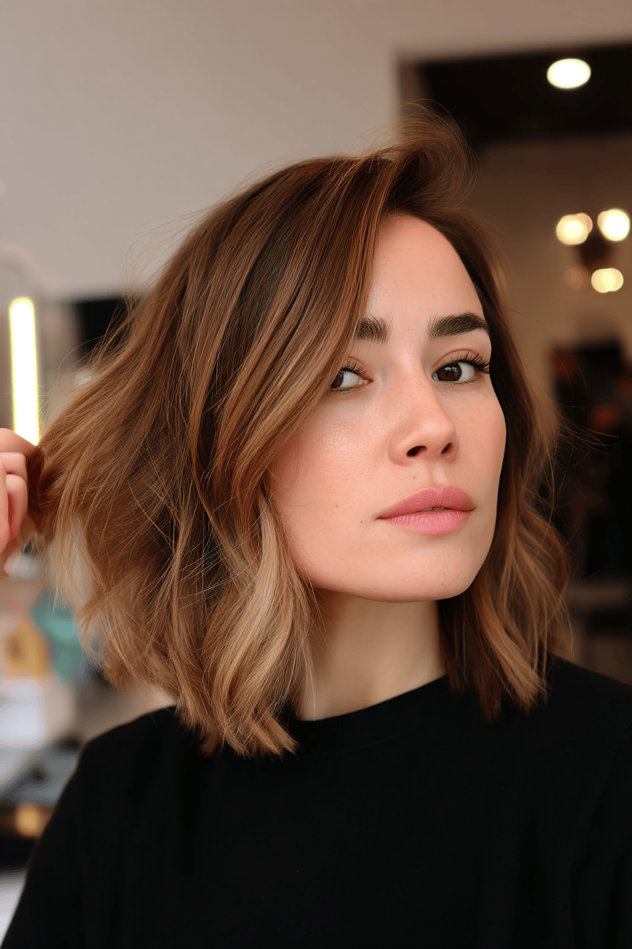 Nahaufnahme einer Person mit asymmetrischem Long Bob in einem Salon.