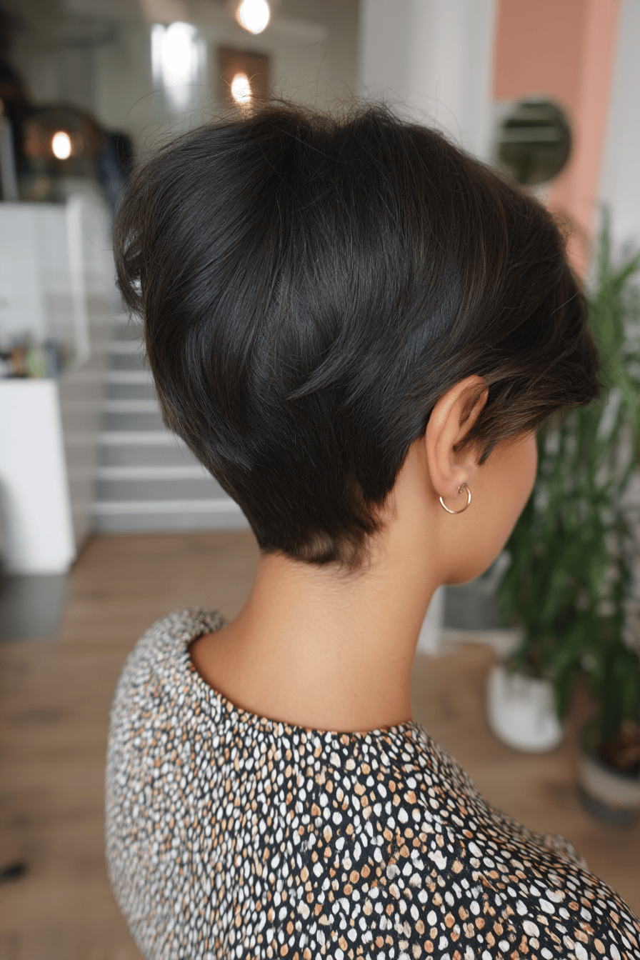 Eine Person mit einem asymmetrischen Pixie Bob in einem modernen Friseursalon.