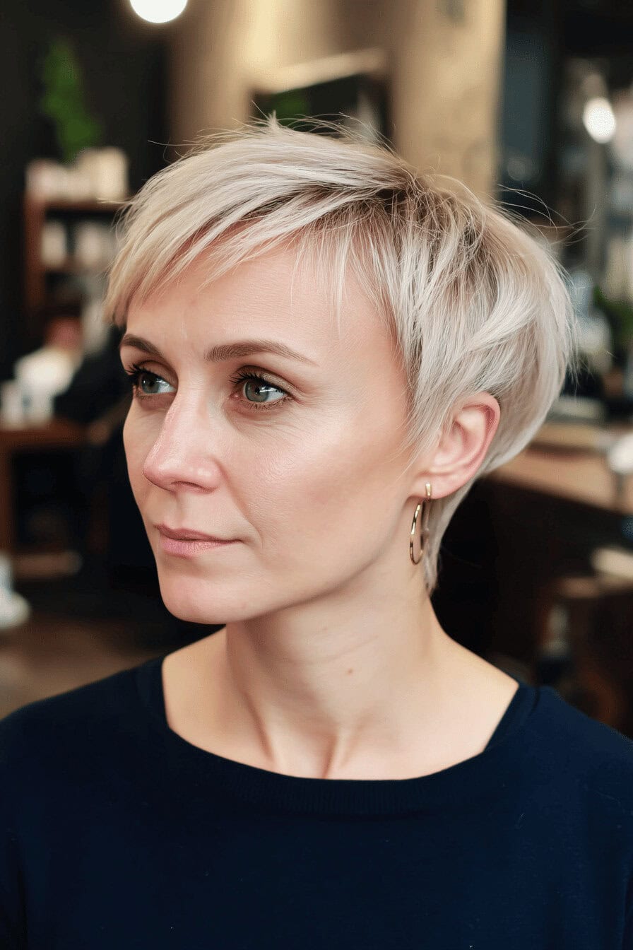 Frau mit einem modischen asymmetrischen Haarschnitt.