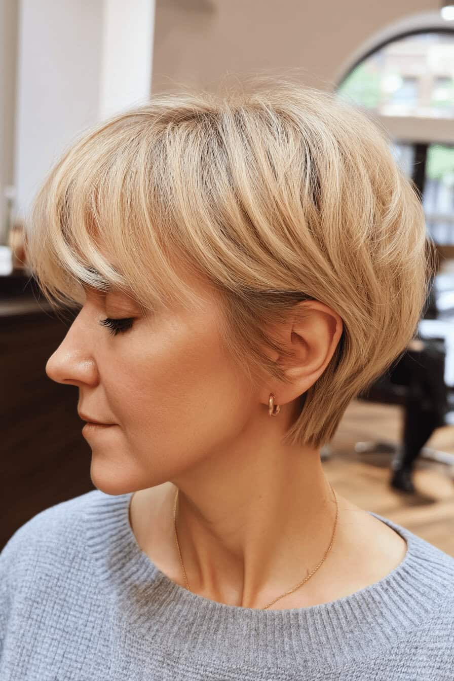 Frau mit asymmetrischem, mittellangem Haarschnitt in einem Salon.