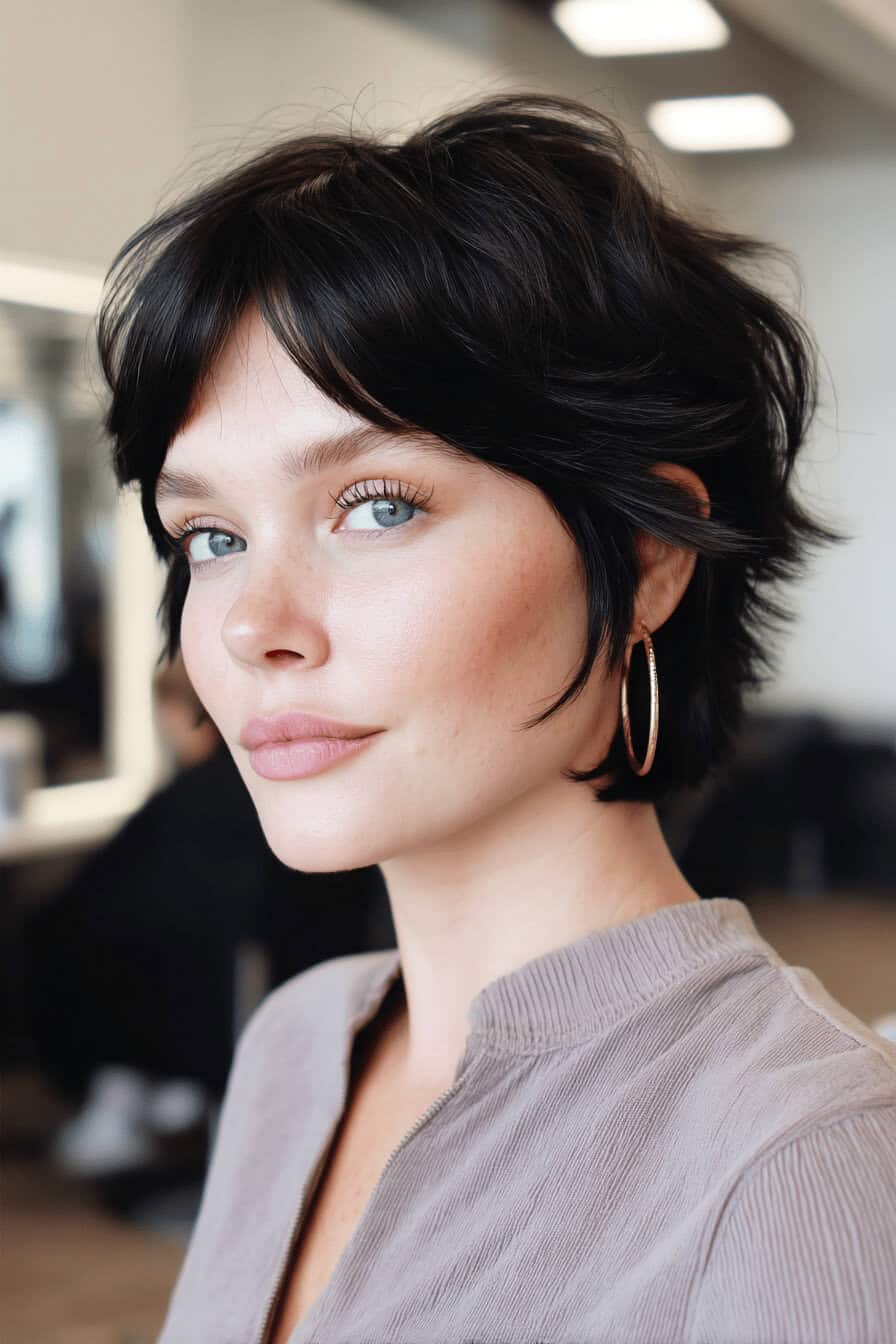 Frau mit kurzem, asymmetrischem Shag-Haarschnitt schaut zur Seite.