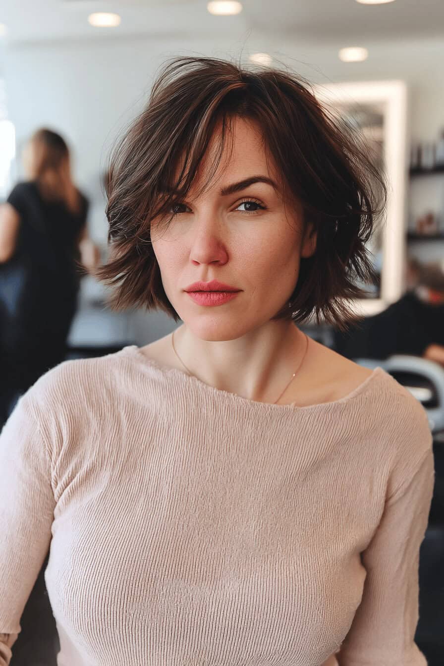 Frau mit asymmetrischem mittellangem Shaggy Bob vor unscharfem Hintergrund.