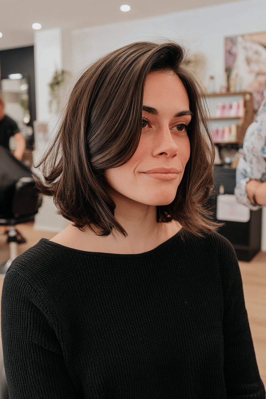 Frau mit dunkelbraunem, seitlich geschwungenem Bob in einem Friseursalon.