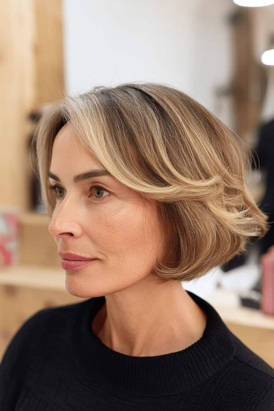 Frau mit kinnlangem, welligem Bob und Balayage-Färbung.