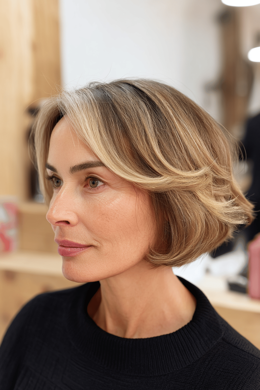 Frau mit kinnlangem, welligem Bob und Balayage-Färbung.