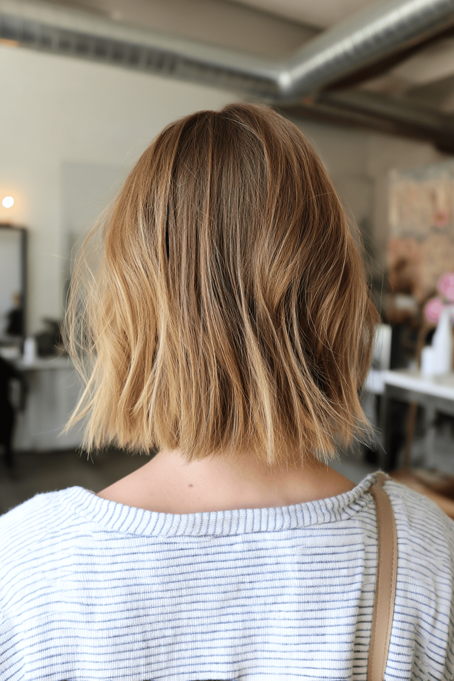 Rückansicht eines schulterlangen Bobs mit Balayage-Farbverlauf in einem Salon.