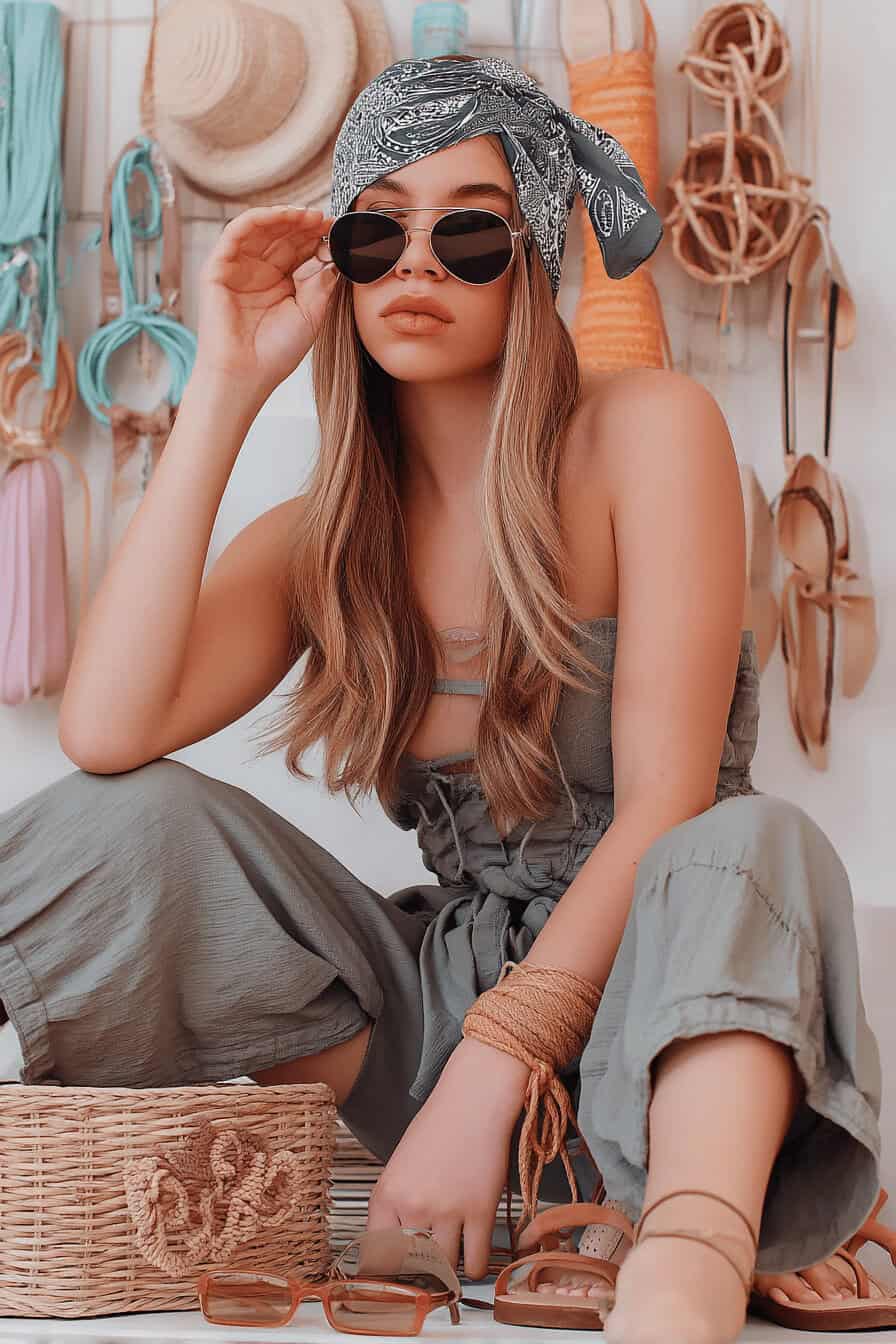 Frau mit Bandana und Sonnenbrille in einem Boho-Outfit.