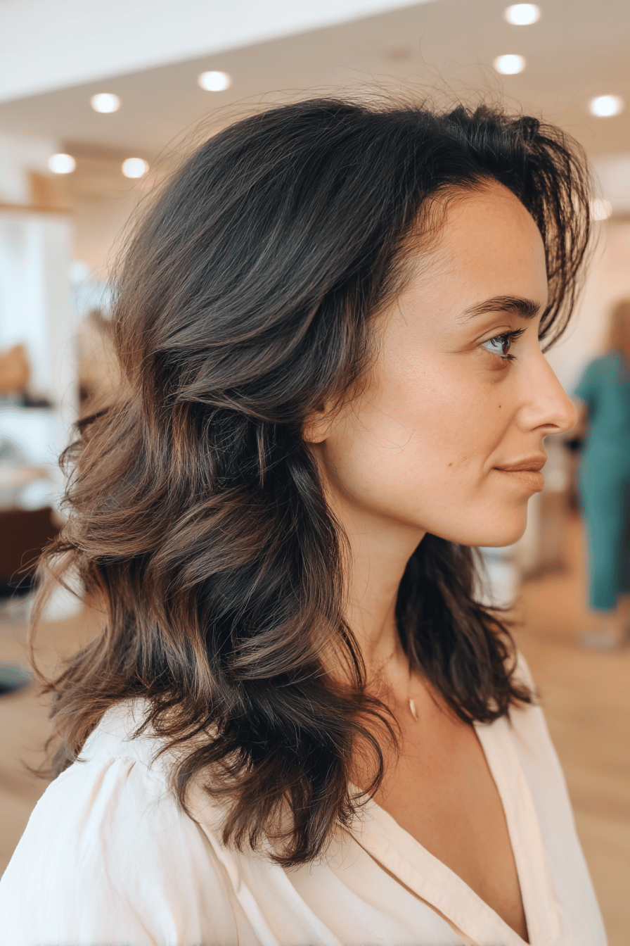 Frau mit gestuften, halblangen Beach Waves im Salon