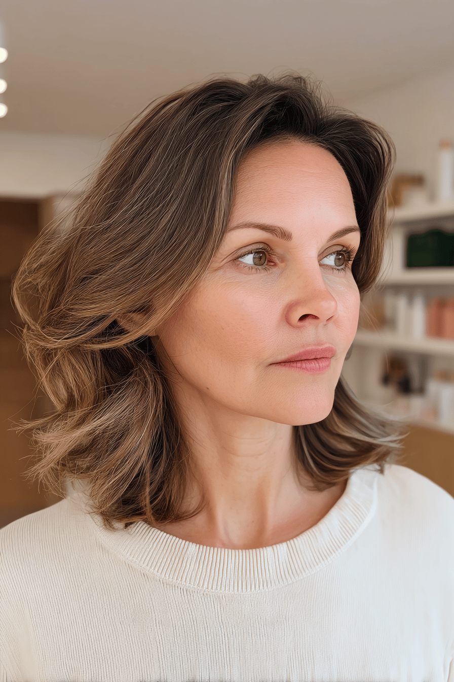 Nahaufnahme einer Frau mit mittellangem Haar in Beach Waves gestylt.
